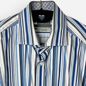 Thomas Dean Men's Dress Shirt Long Sleeve Button Up Large Blue Stripe